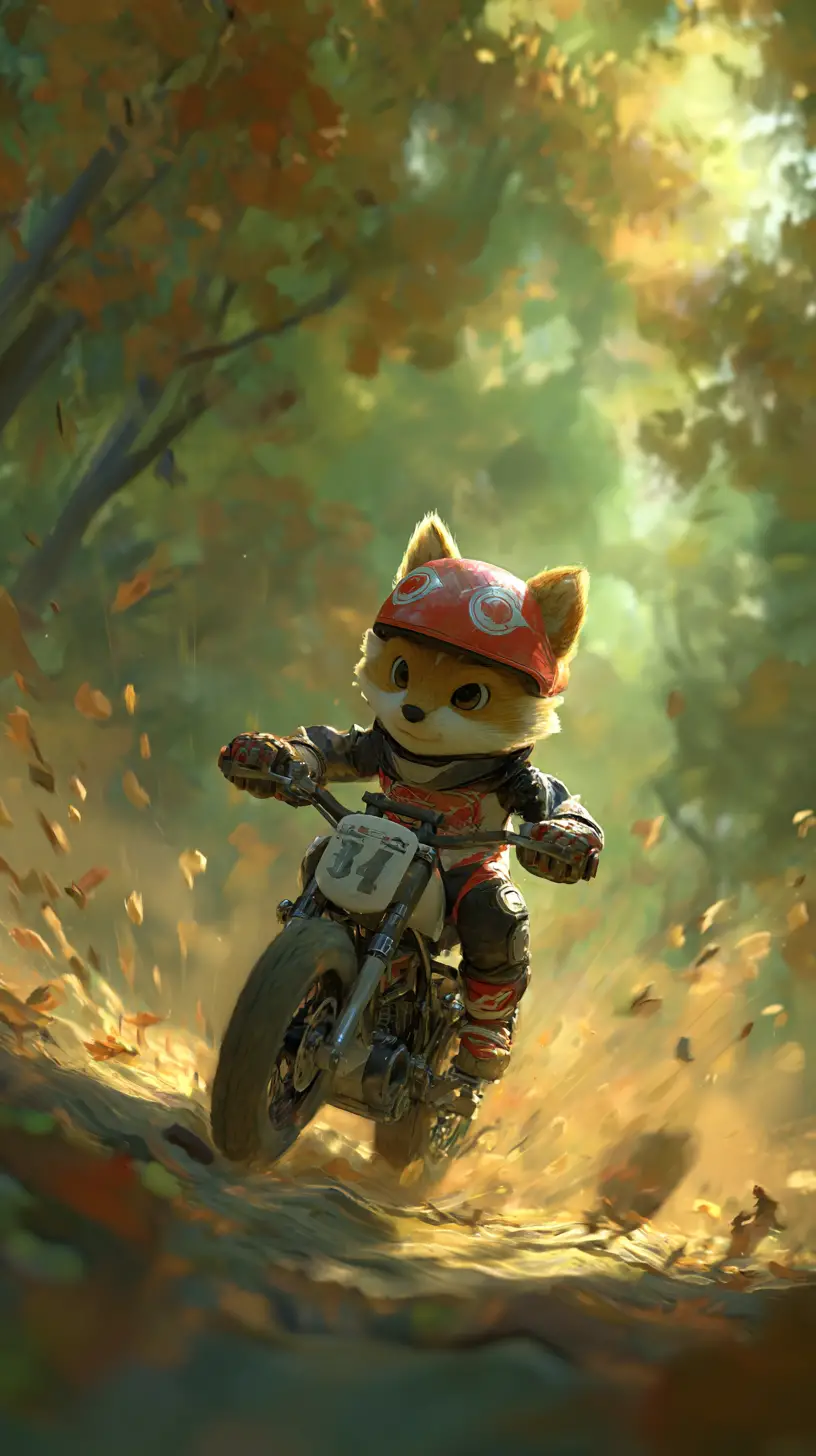 Brave Fox Riding A Tiny Motorcycle Through Forest