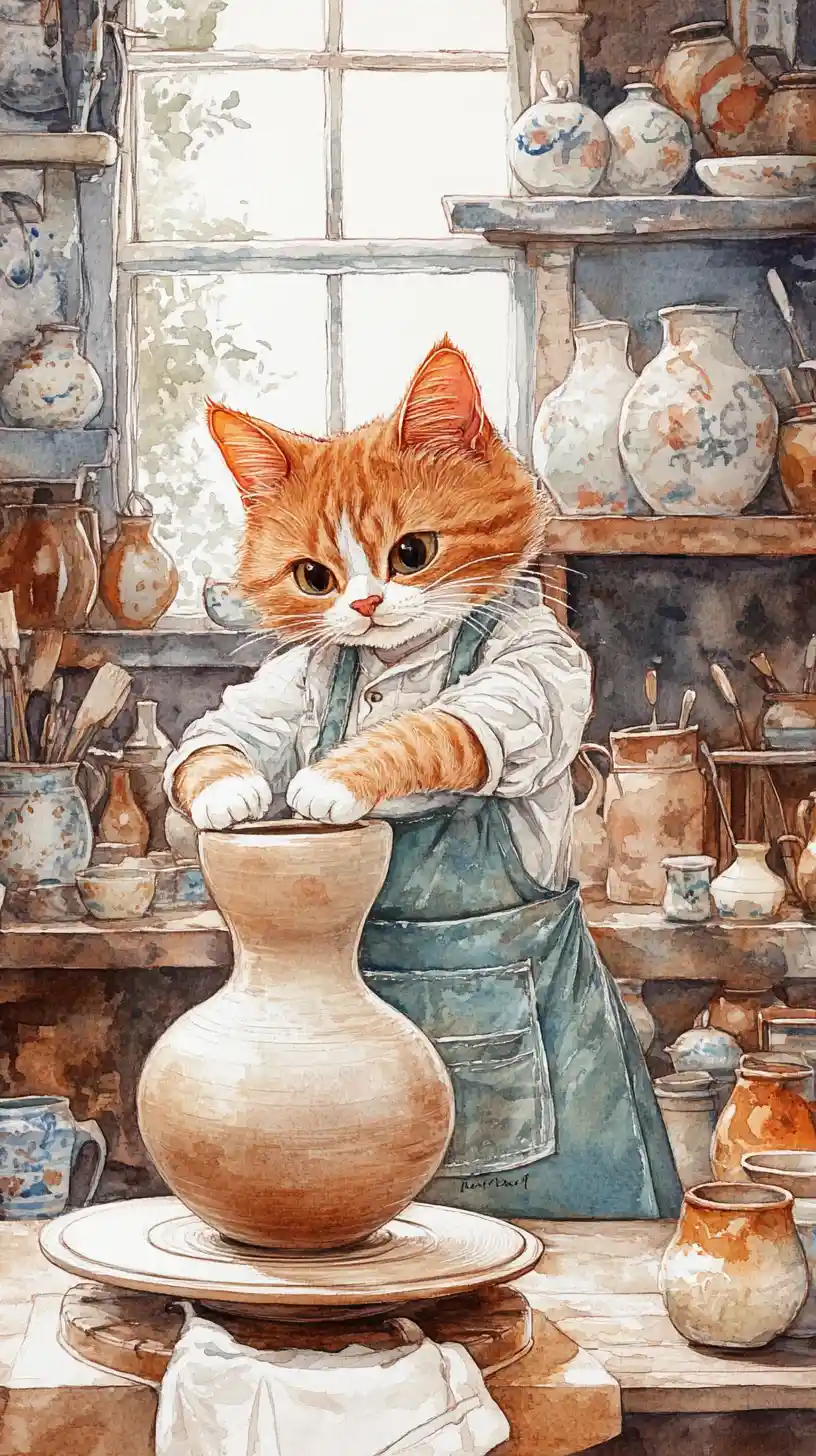 Watercolor cat potter shaping a vase in a workshop