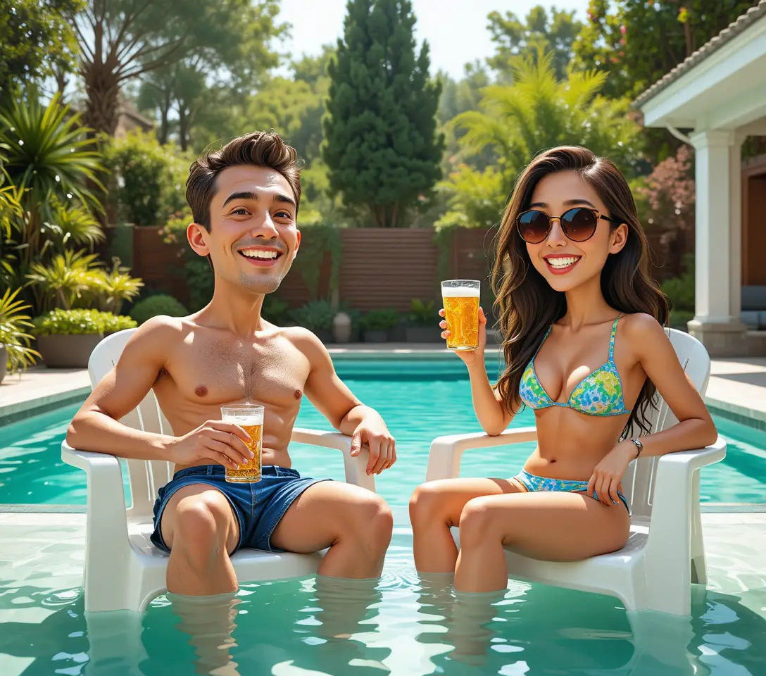 Joven pareja ri junto a una vibrante piscina verde en el patio trasero