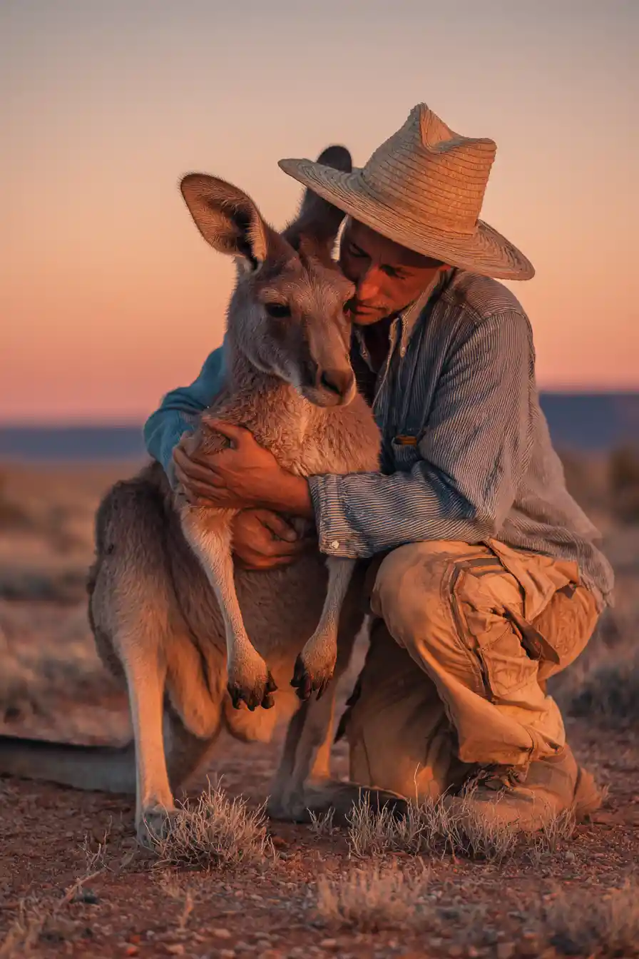Man hugging a calm kangaroo at sunset in the desert