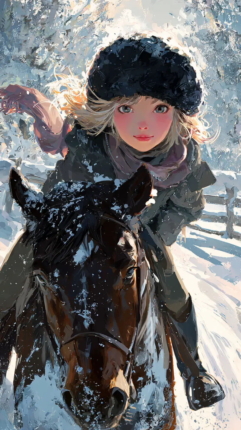 Girl Riding A Horse Through Snowy Winter Forest