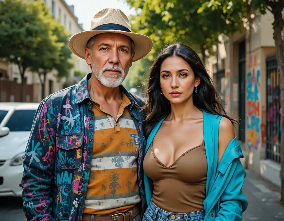Older man and middle aged woman on sunny city street