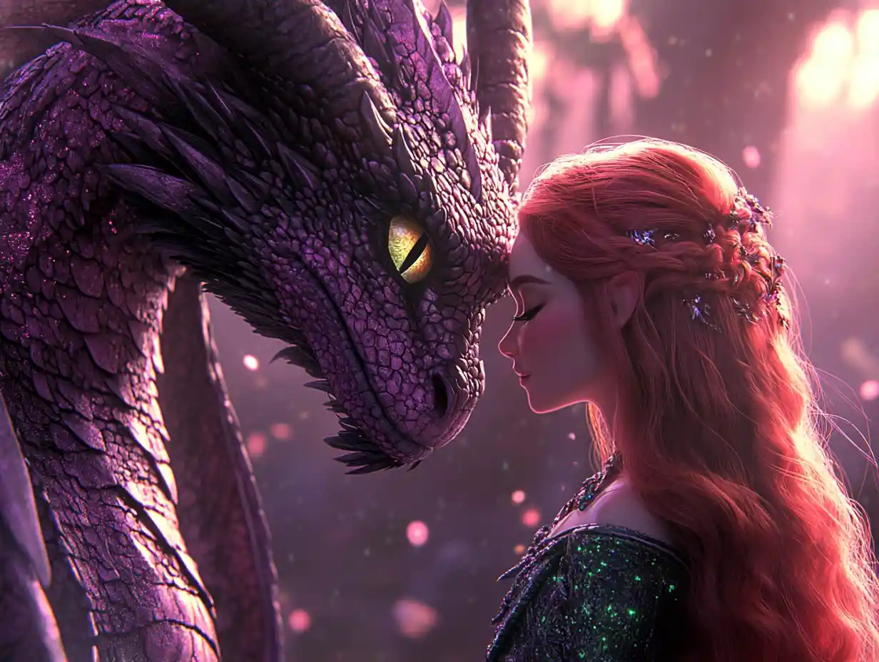 Romantic woman and dragon in glowing fantasy forest