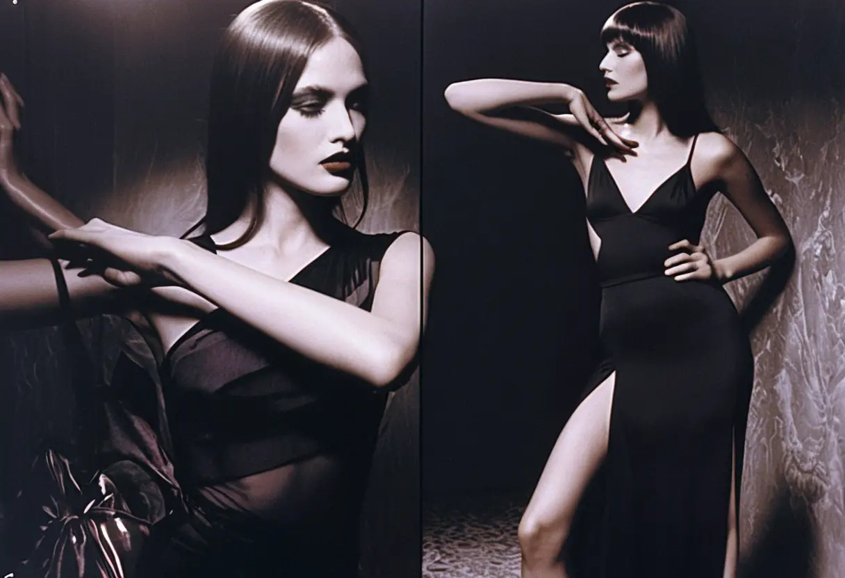 Modelli in eleganti outfit Gucci in una stanza minimalista