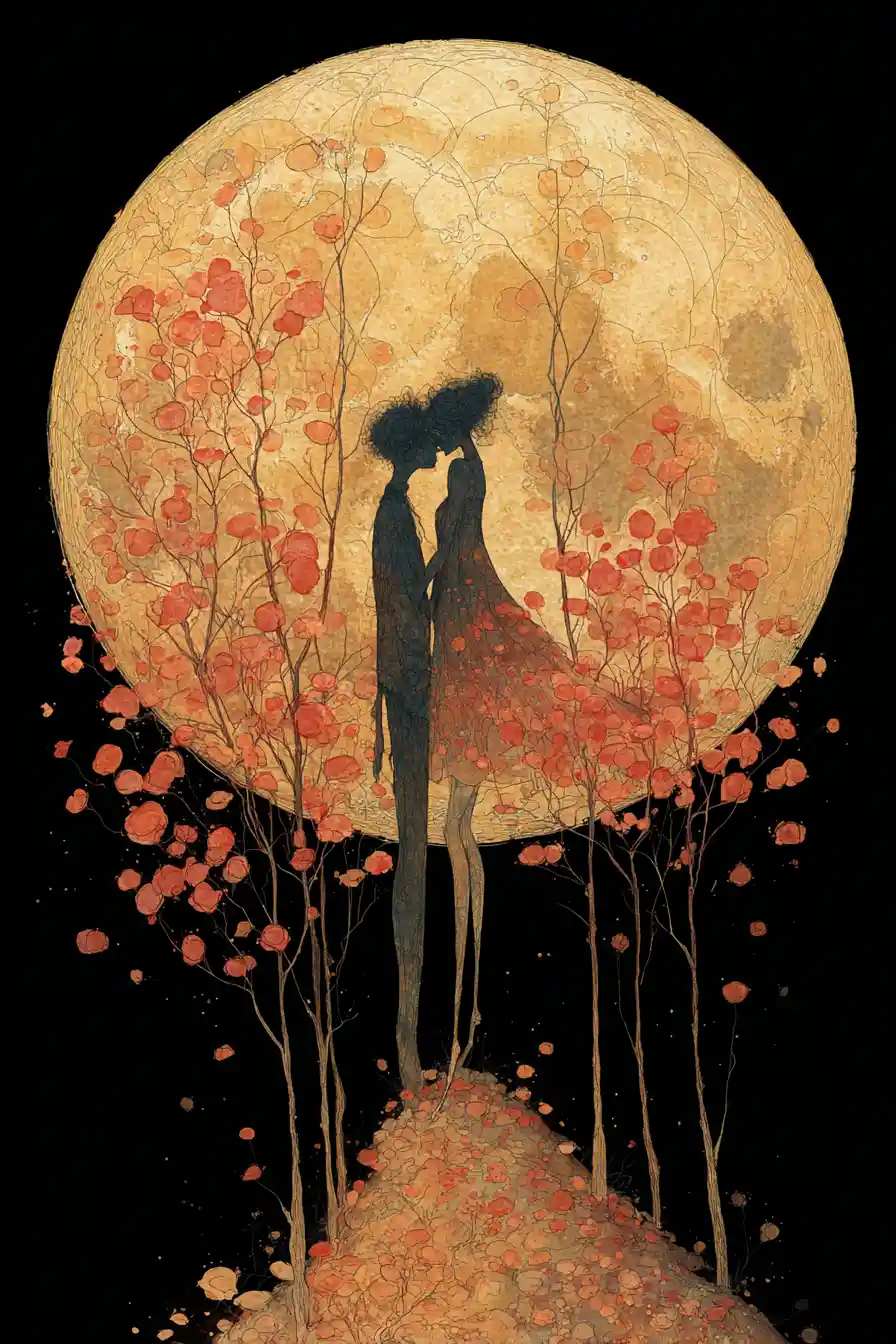 Golden full moon over romantic lovers in surreal heartscape