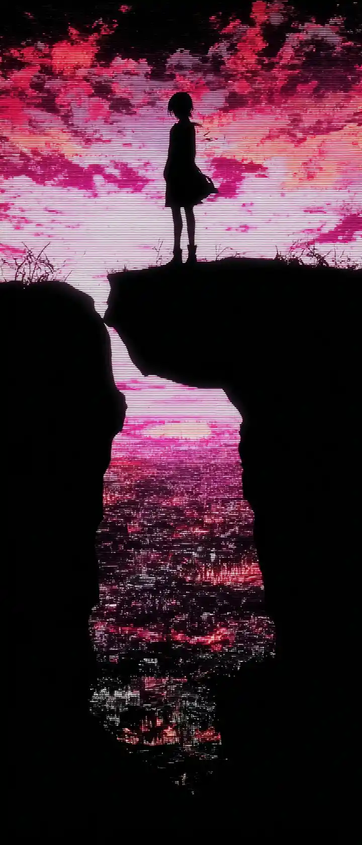 Anime silhouette above burning futuristic city skyline