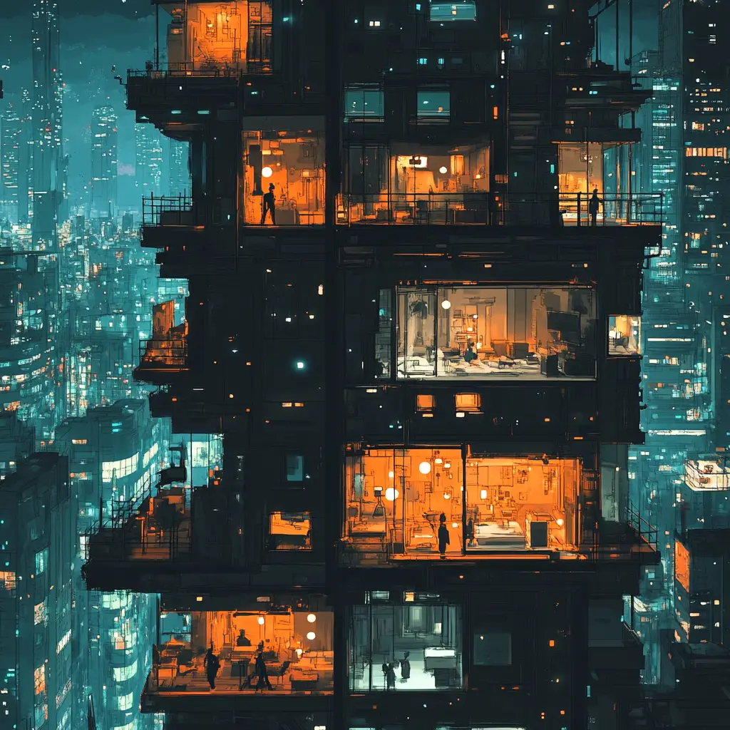 Nighttime view into windows of futuristic apartment complex