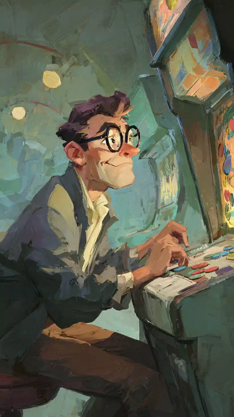 Excited Gambler Playing Slots In A Neon Arcade Illustration