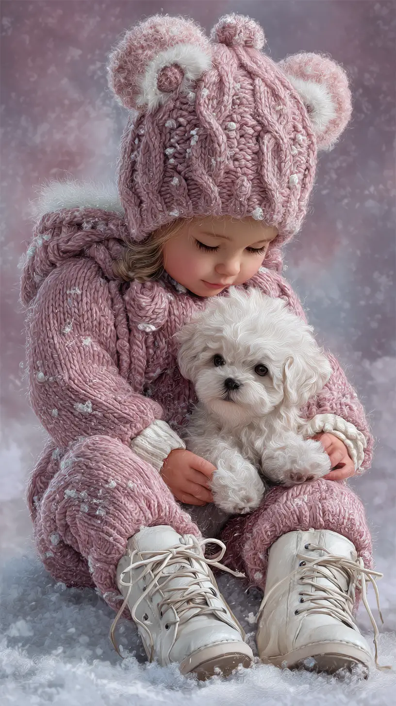 Baby girl in knit romper holding a white poodle