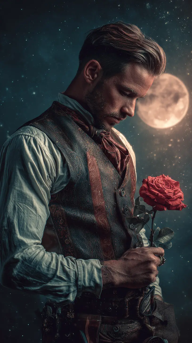 Uomo steampunk romantico che tiene una rosa sotto il cielo della sera