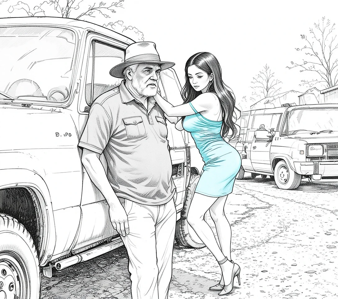 Young woman helping an older man by a white truck