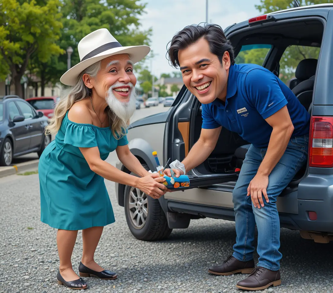 Hombre mayor y mujer joven juntos en un estacionamiento soleado