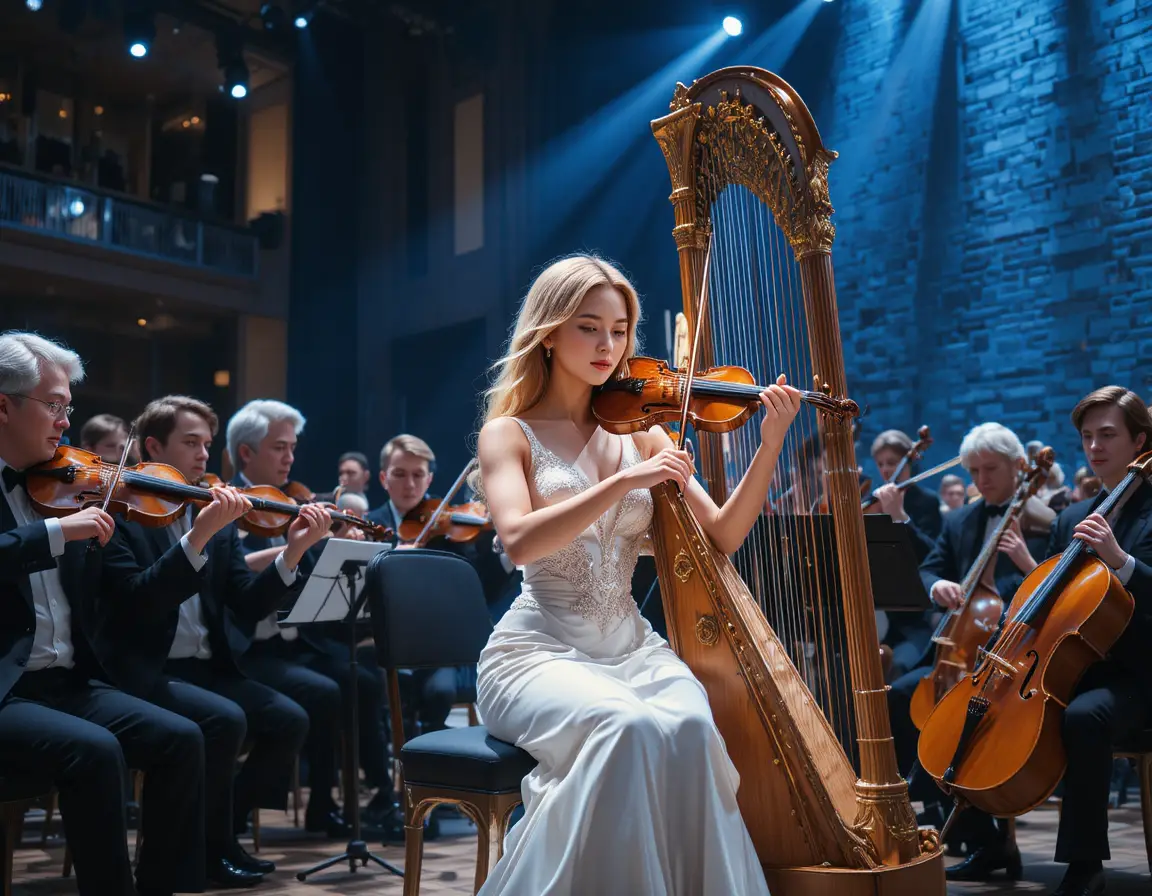 Elegante Harfenistin auf der Bühne im dramatischen Licht