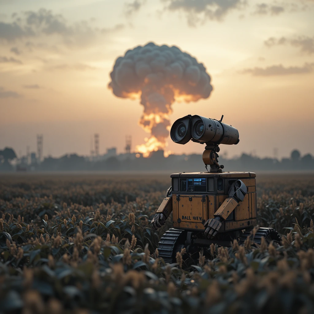 Small robot harvesting soybeans in a calm countryside field