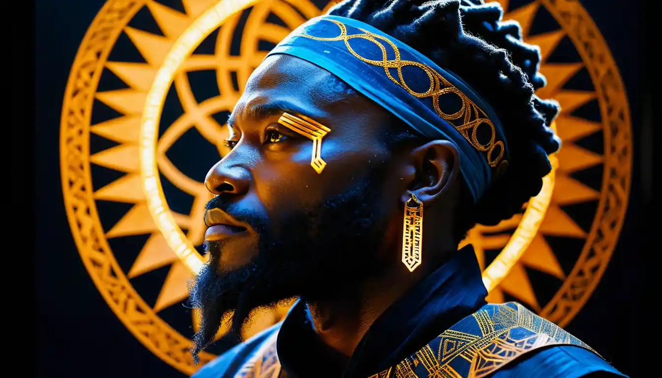 Cinematic profile portrait of a Ghanaian man with glowing symbols
