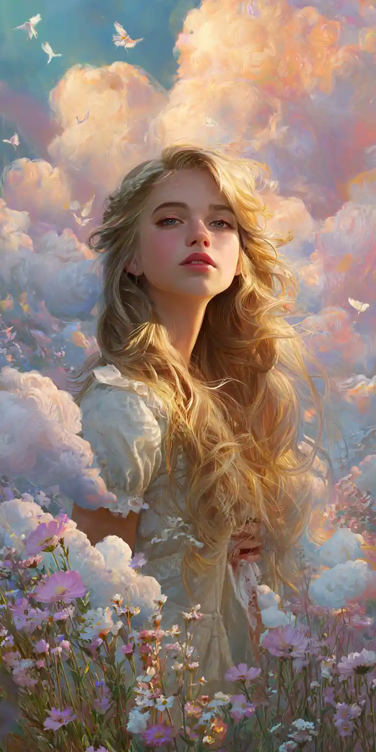 Serene woman in dreamy flower field at golden sunset