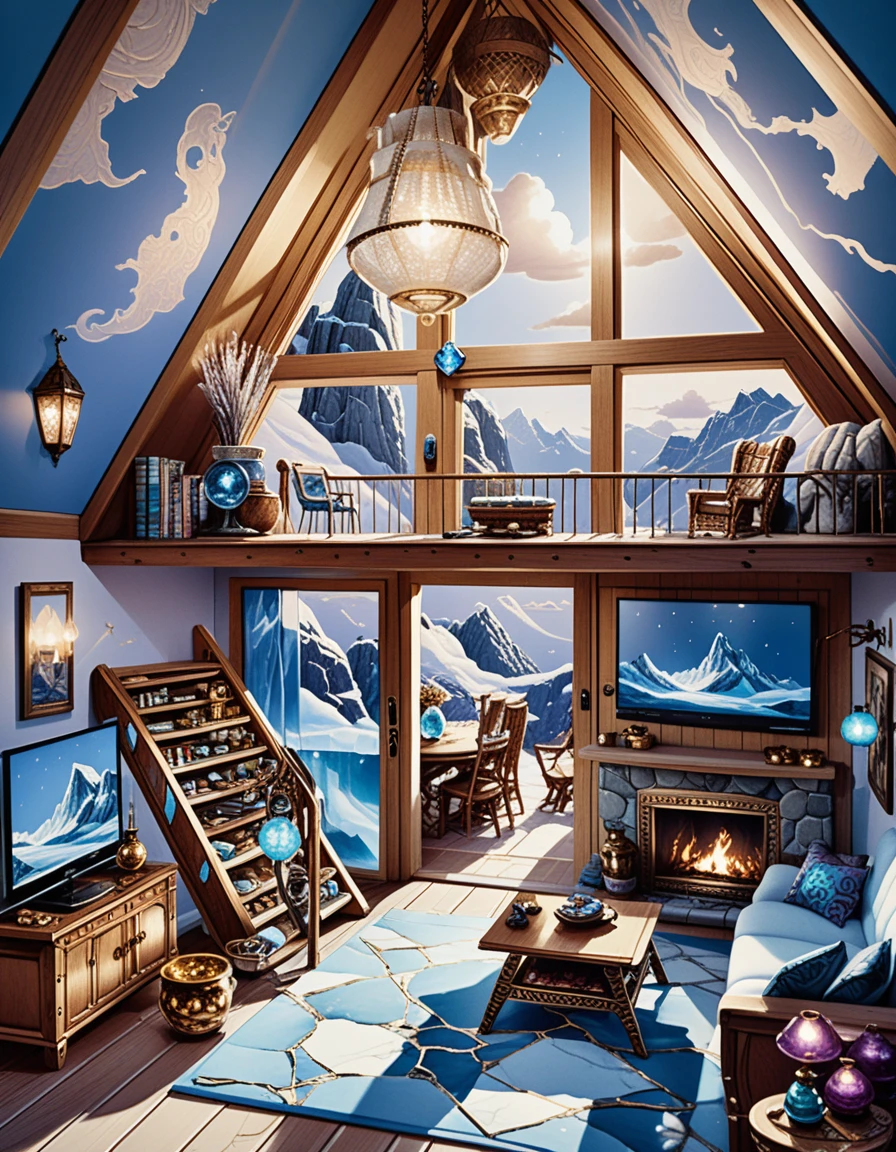 Intérieur 3D isométrique d’un chalet rustique en A-frame