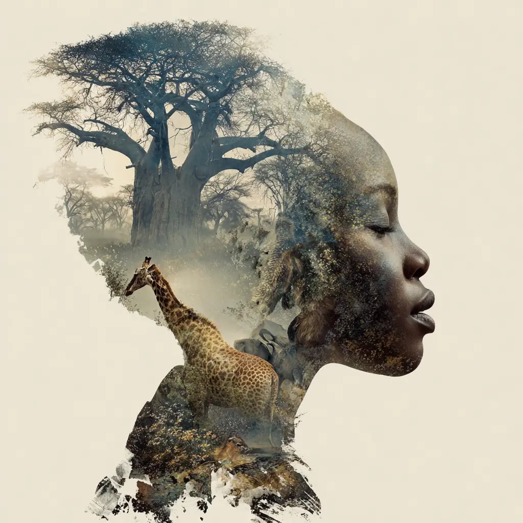 Double exposure portrait of woman with serengeti landscape
