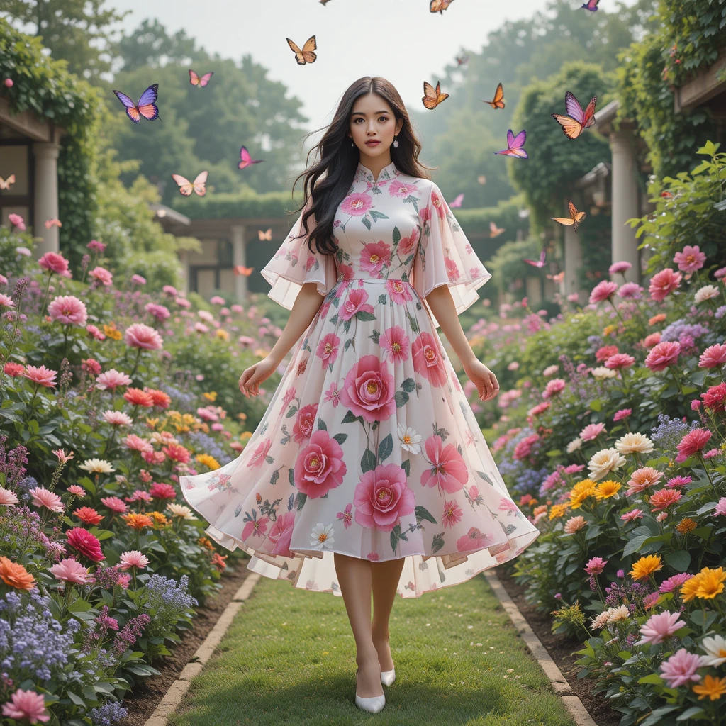 Elegante Frau im rosa Blumencape-Kleid im Garten