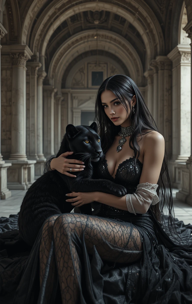 Mystérieuse femme voilée avec un bébé panthère noire dans un palais de pierre