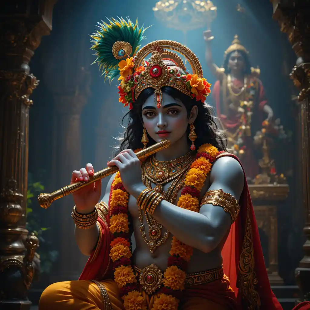 Divina statua di Krishna che suona il flauto in un tempio in penombra
