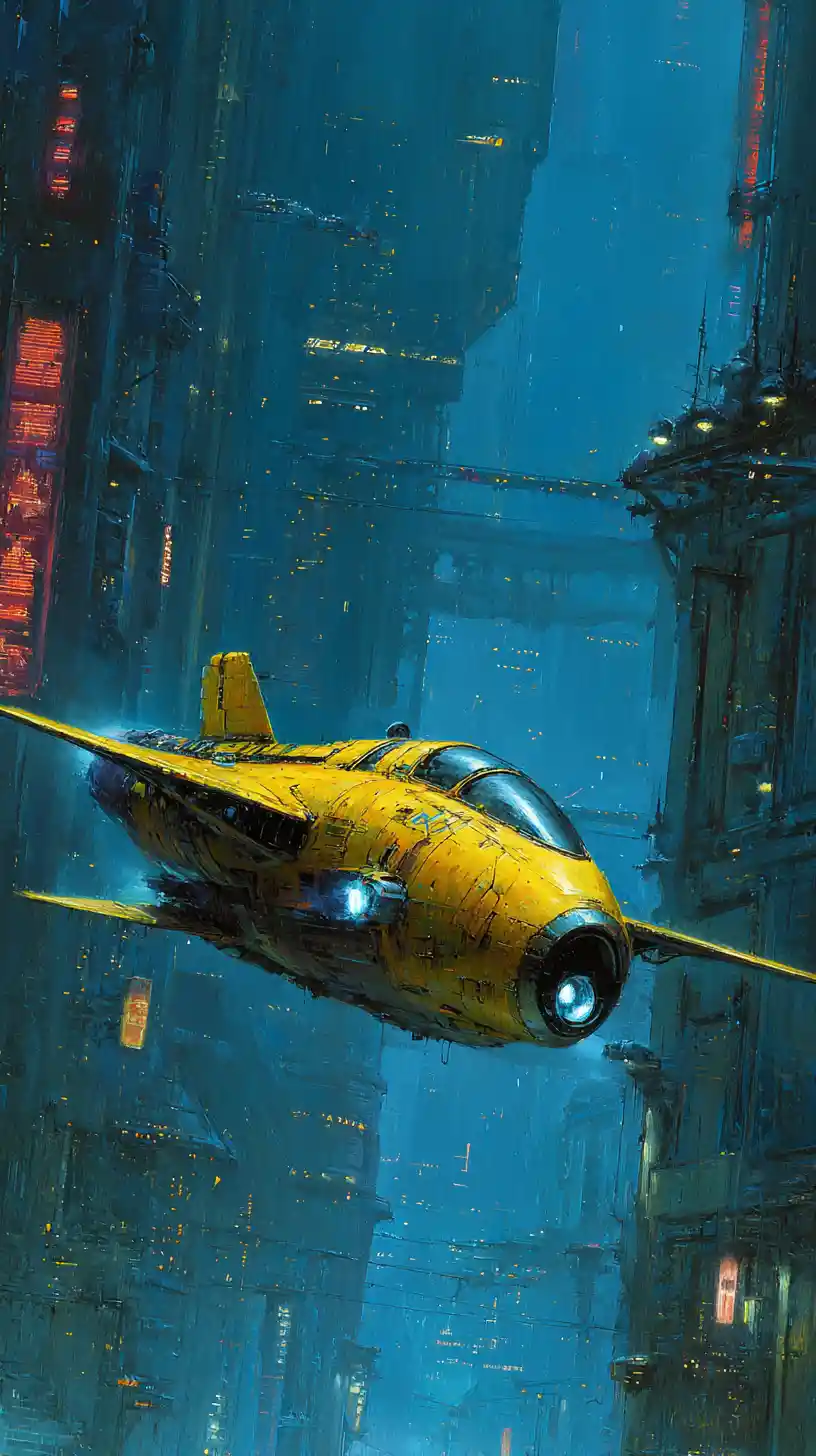 Yellow spacecraft over futuristic alien city at twilight