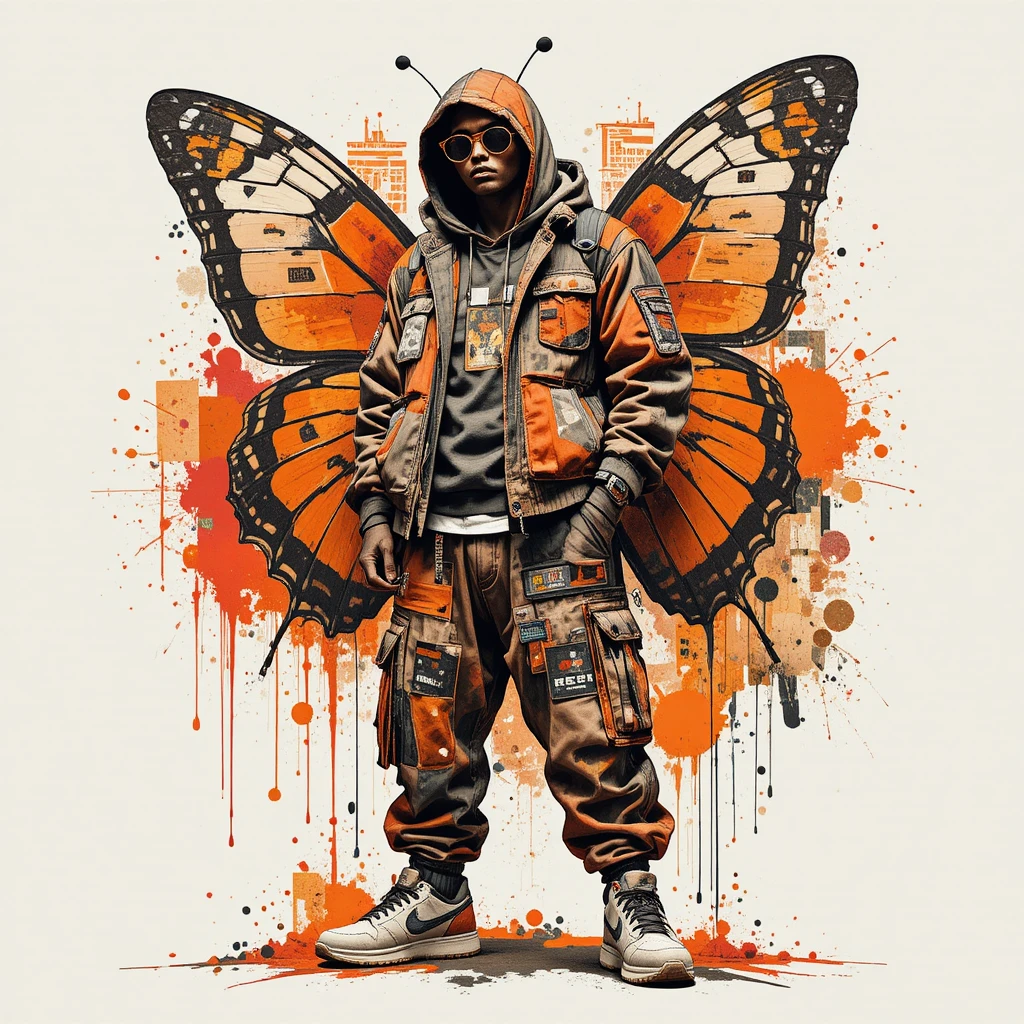 Anthropomorphic butterfly in bold urban streetwear pose