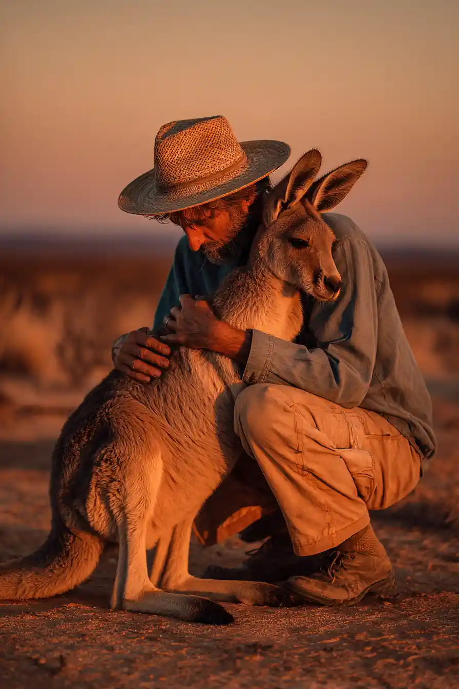 Man hugging a kangaroo at sunset in a quiet desert