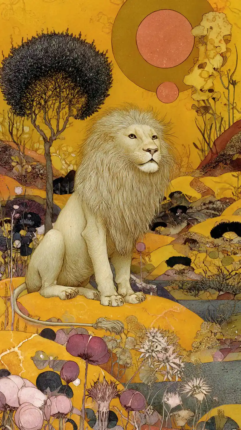 Lion of fire and timeless witch in joyful landscape