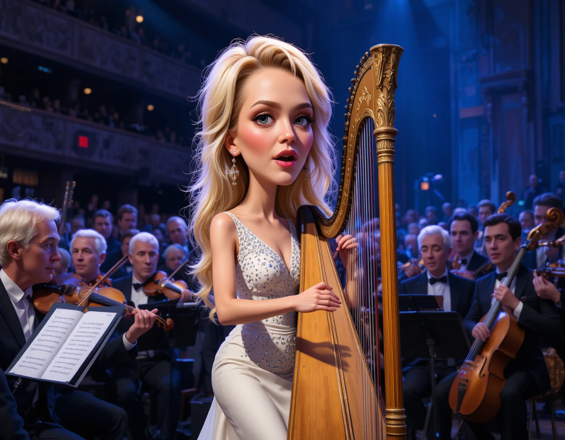 Elegante blonde Harfenistin auf der Bühne mit Orchester