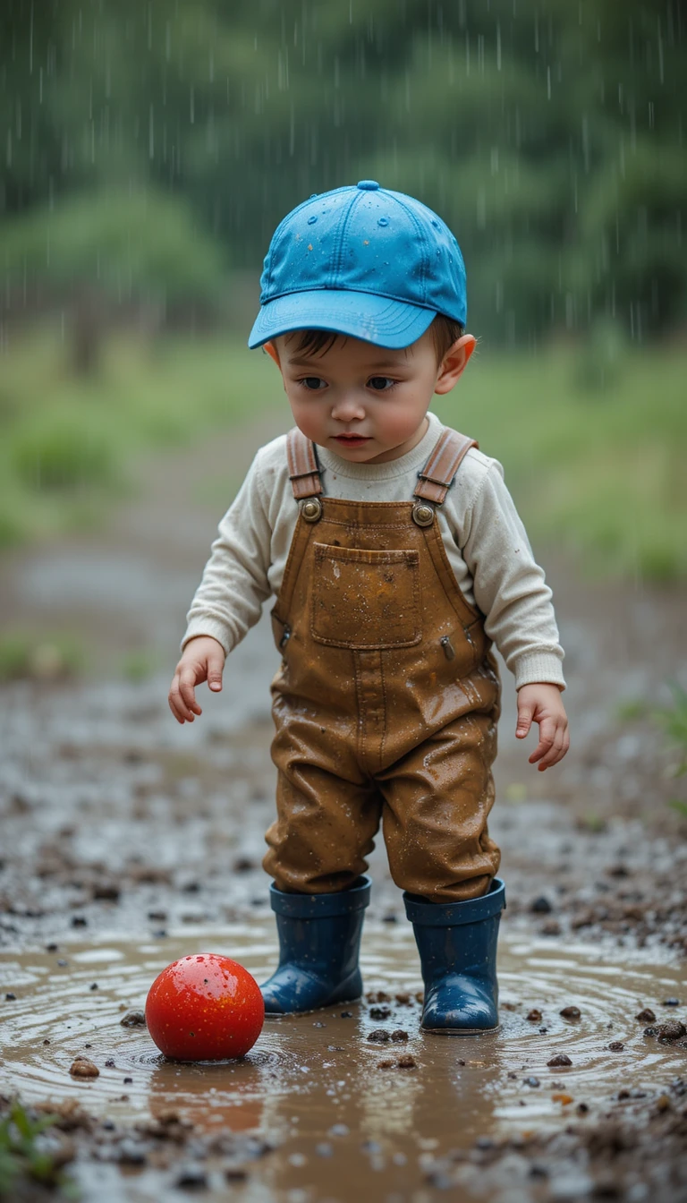 Menino deixando bola vermelha cair em poça de lama na chuva