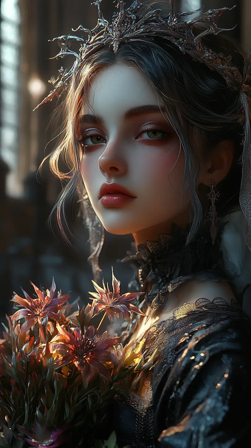 Diva de fantasía con flores marchitas frente a un castillo oscuro