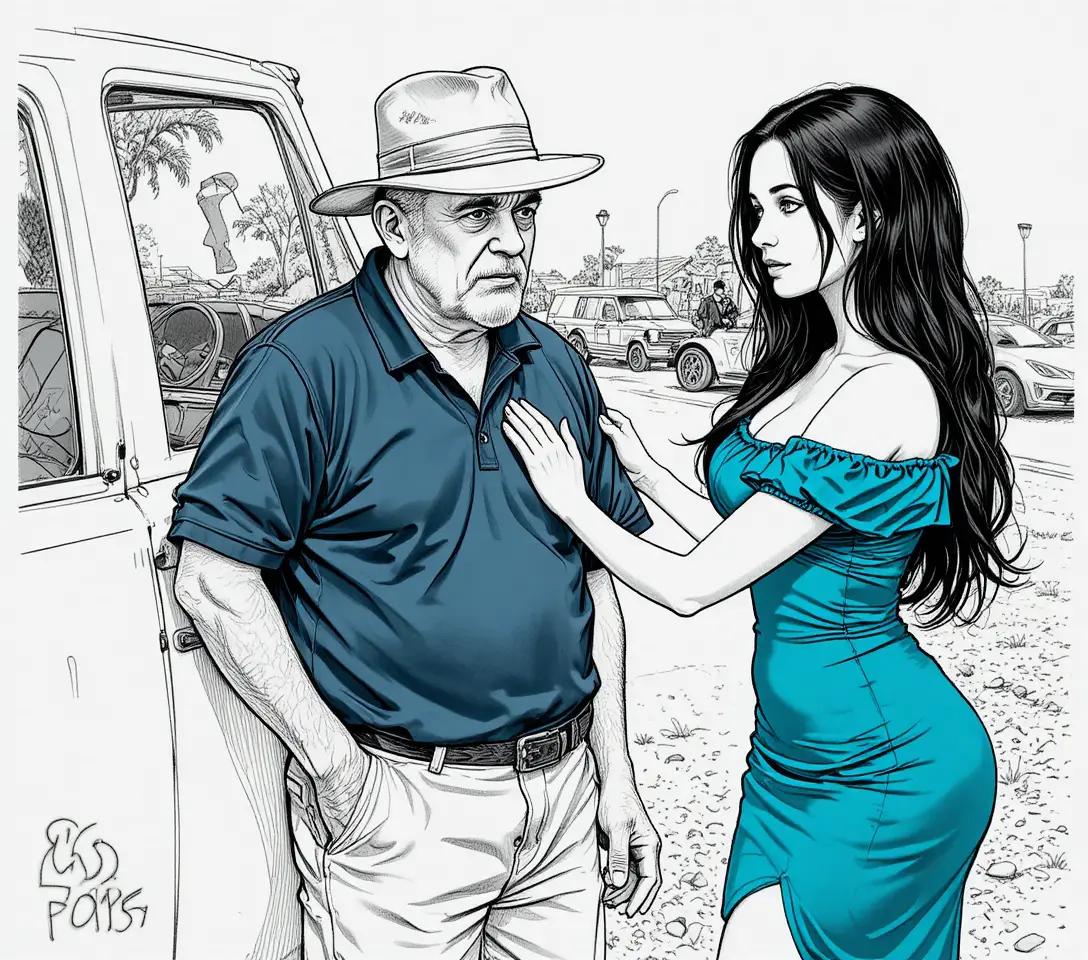 Stressed older man helped by young woman by white truck