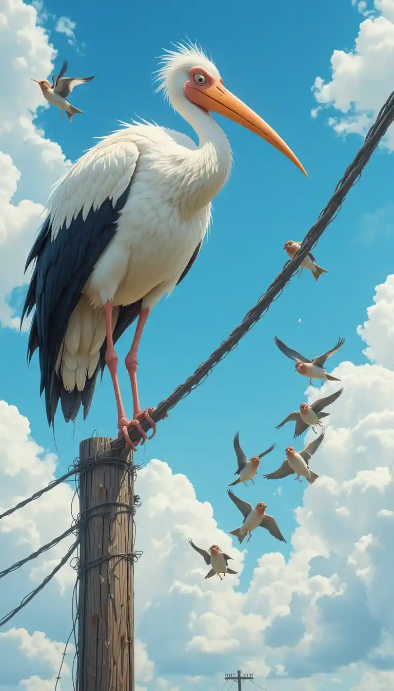 Huge stork bending a power line as sparrows slide toward it