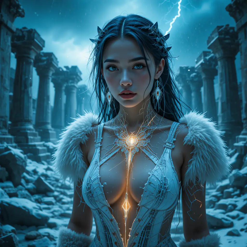 Cyber mystic woman in a shattered frozen temple