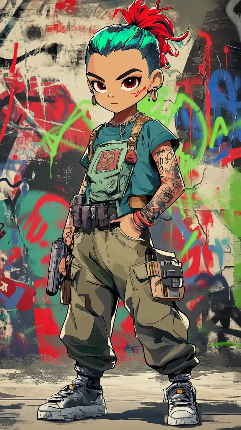 Urban youth aiming a pistol before a graffiti wall