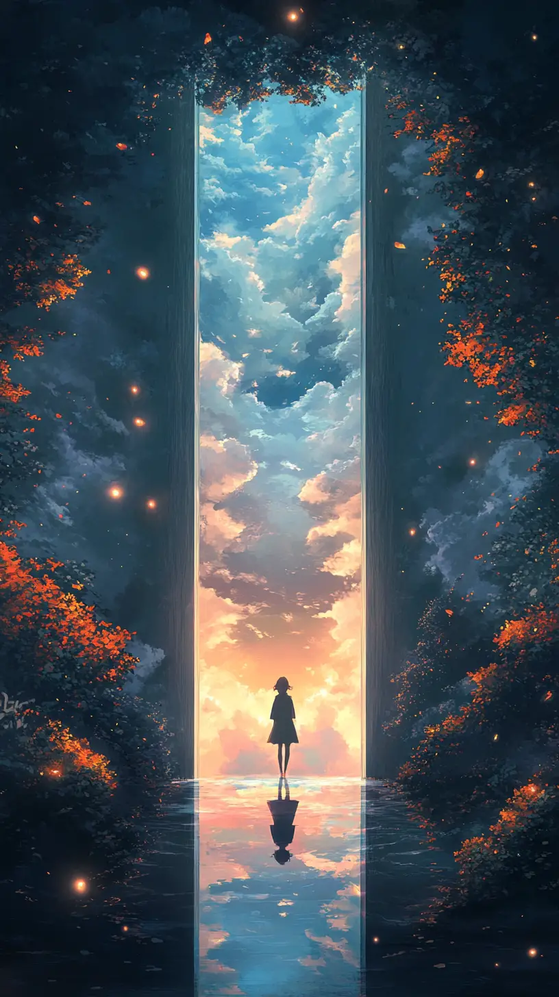 Lone figure before a luminous sky portal in forest