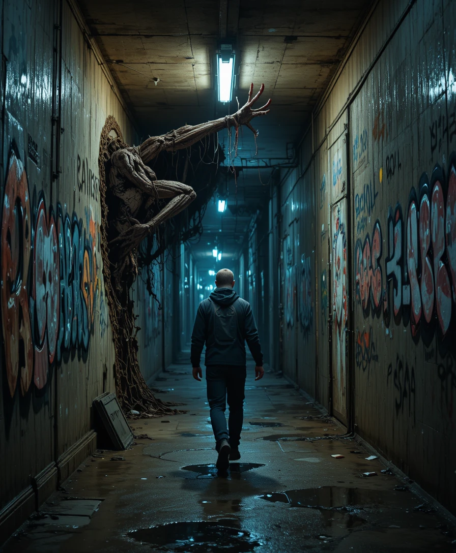 Emaciated monster stalking a teenager in an urban underpass