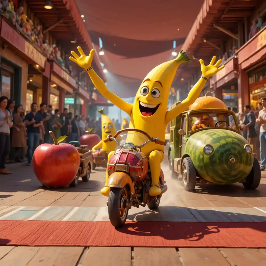 Animated fruit race in a colorful Moroccan street market