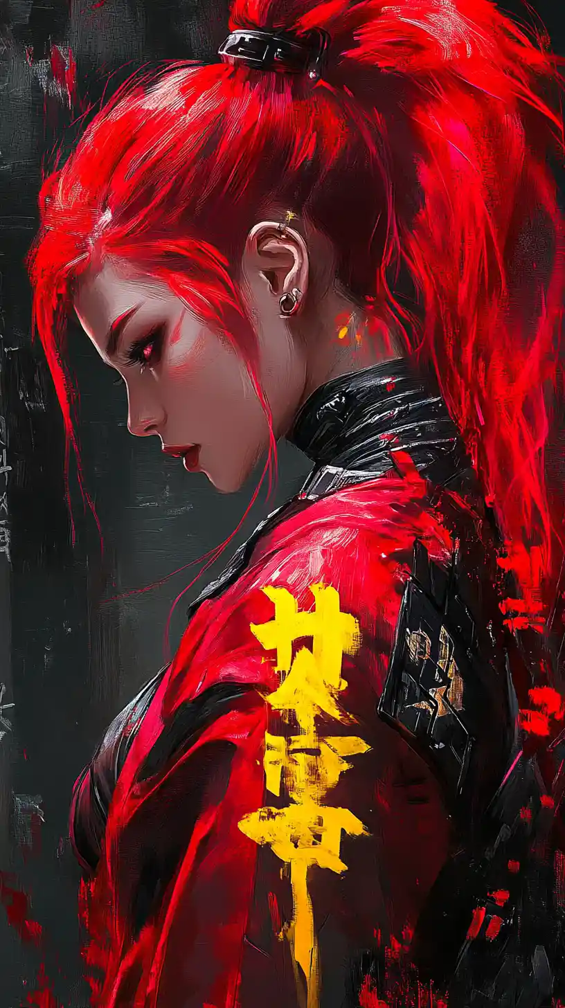붉은 기모노를 입은 사이버펑크 사무라이 여인의 옆모습 초상
