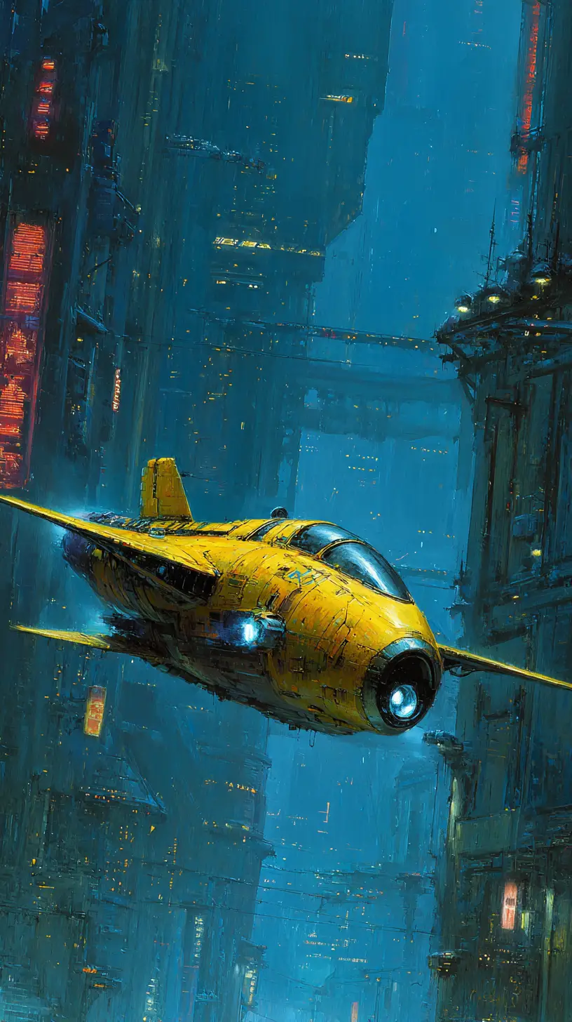 Yellow spacecraft over futuristic alien city at twilight