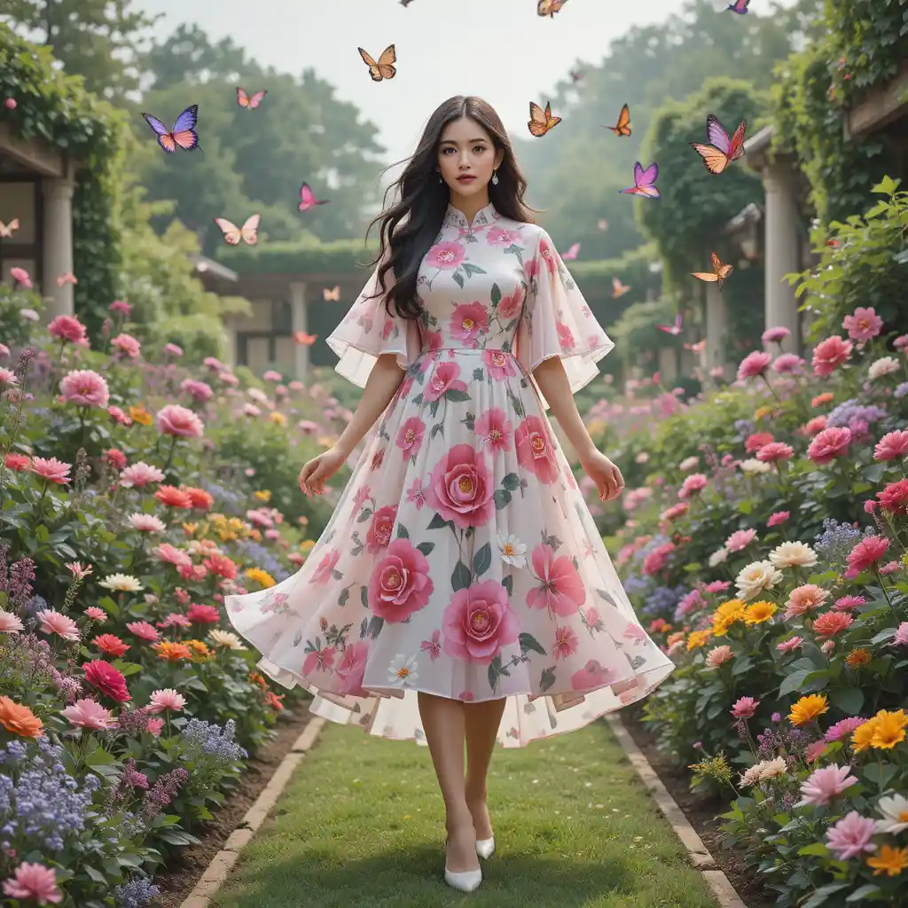 Elegante donna con abito-cappa floreale rosa in giardino