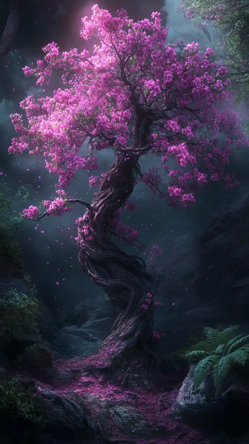Fantasy Cherry Blossom Tree Against A Misty Night Sky