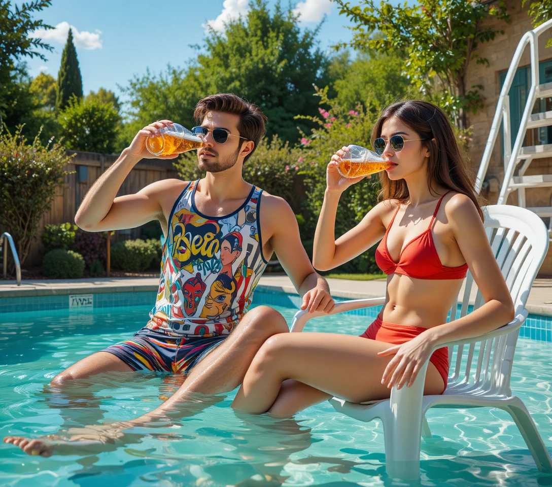 Coppia che ride e si rilassa a bordo piscina nel giardino di casa