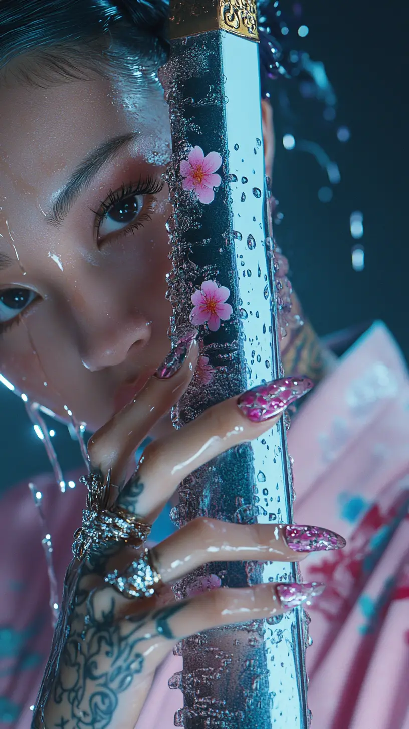 Close up portrait of girl holding ornate katana