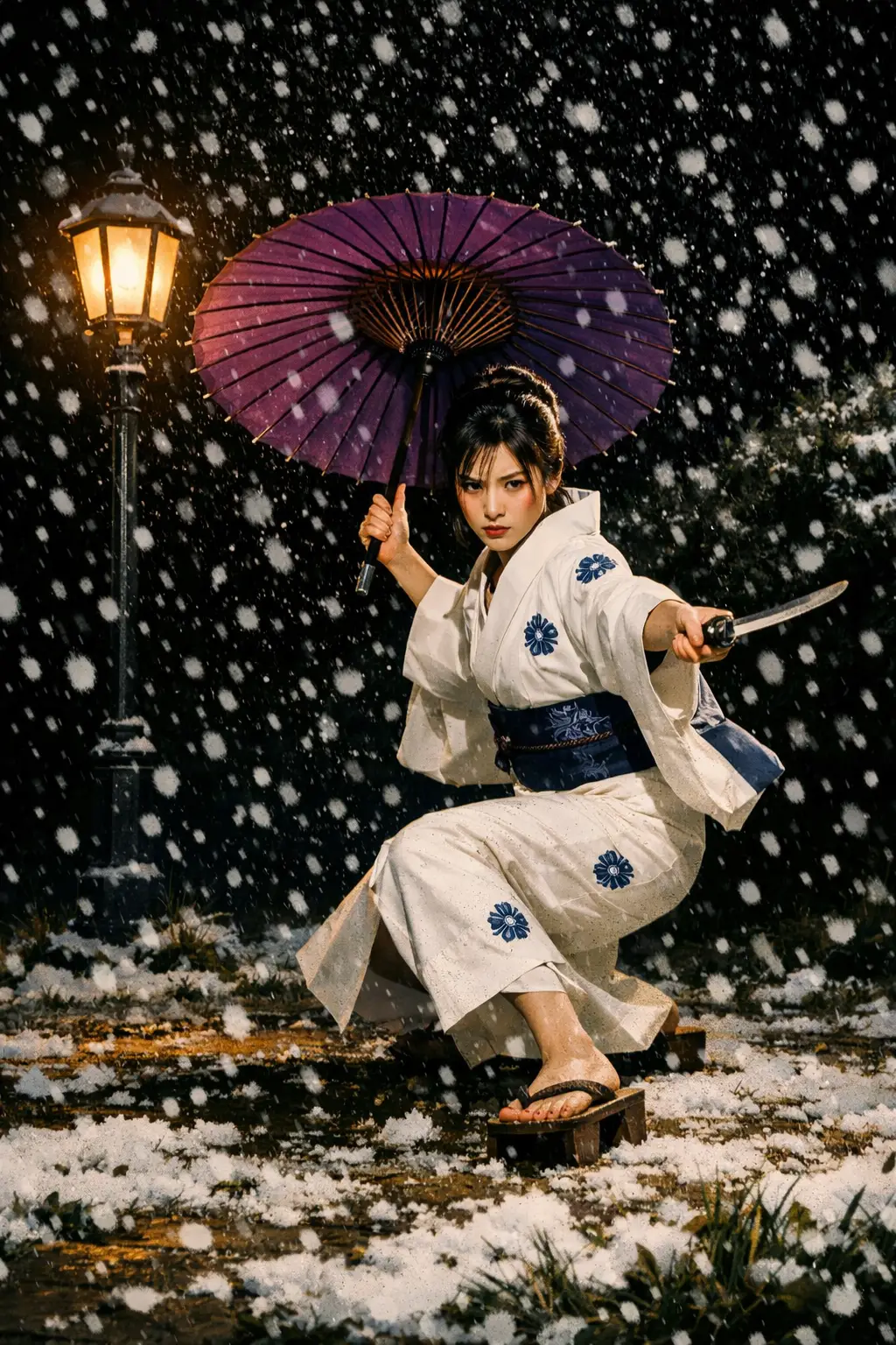 Japanese woman in white kimono with umbrella in falling snow