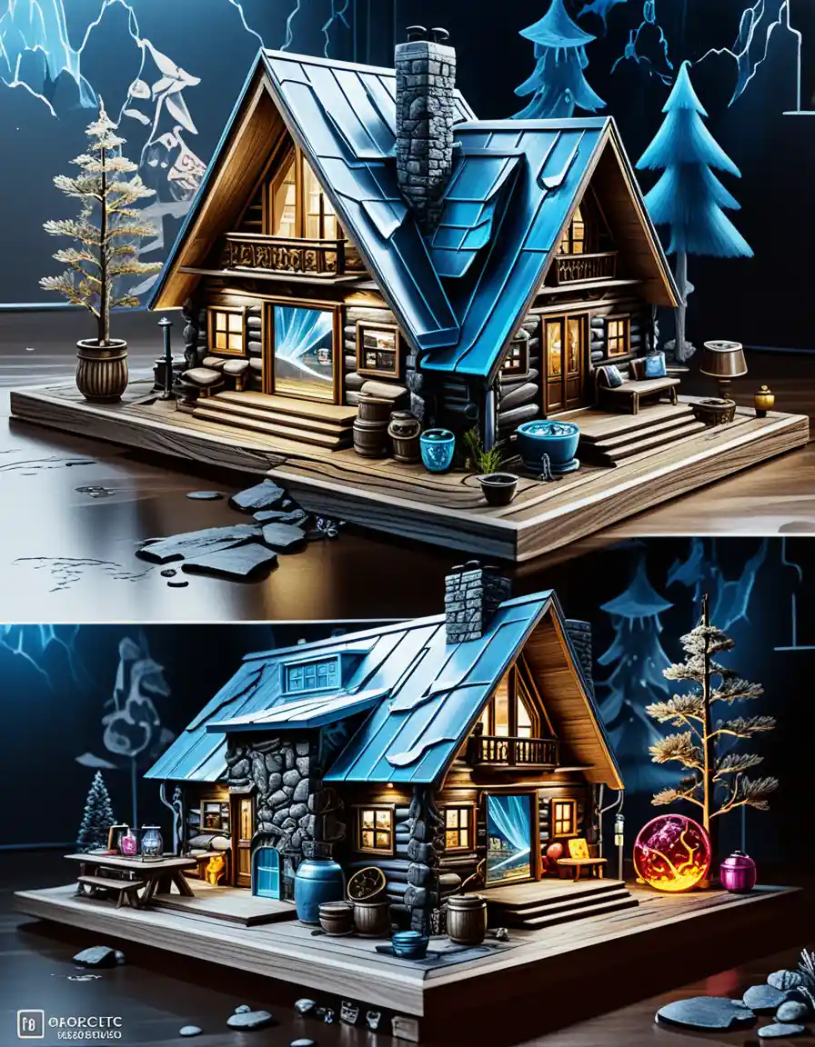 Isometric A frame mountain cabin interior and exterior diorama