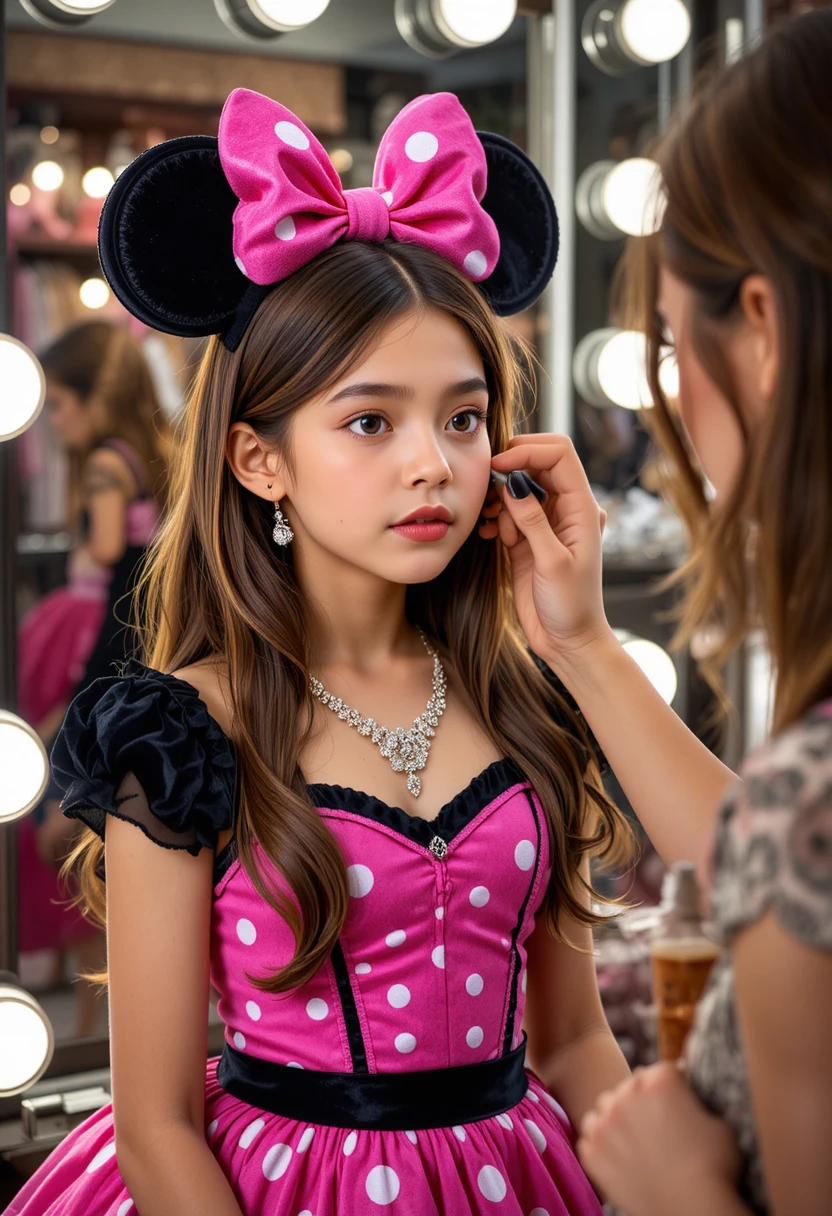 Niño con vestido rosa de Minnie frente a un espejo de maquillaje