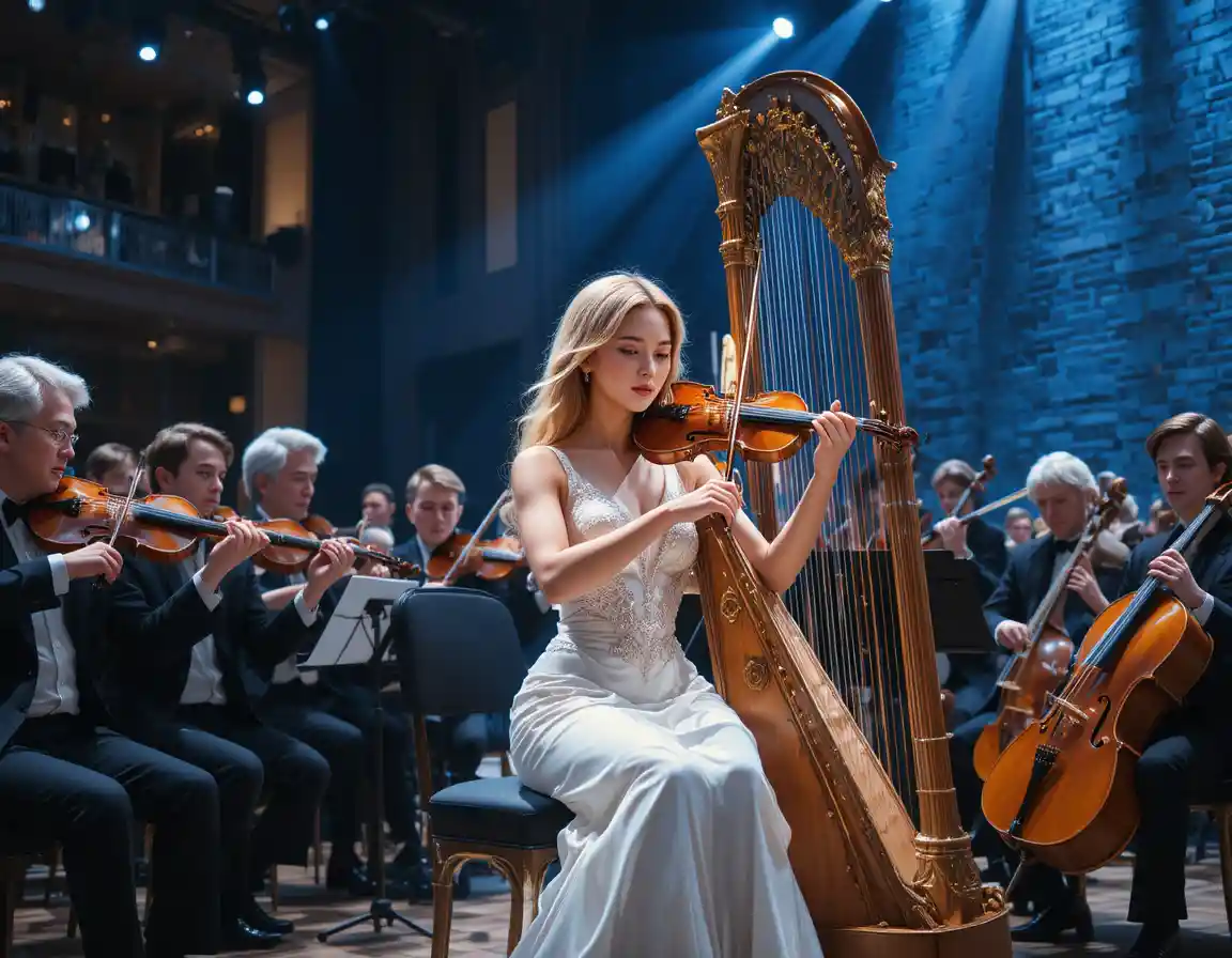 Elegante Harfenistin auf der Bühne im dramatischen Licht
