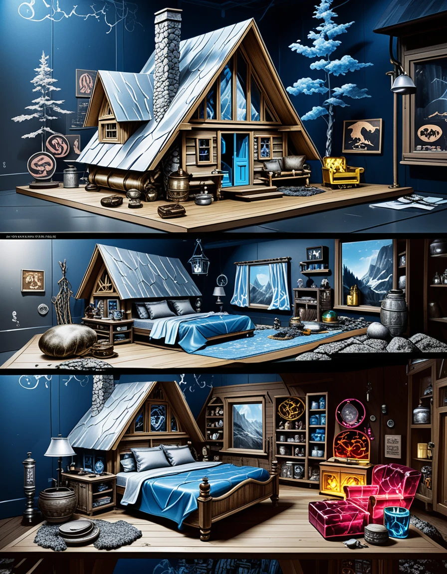 素朴な石と木の山小屋アイソメトリックジオラマ